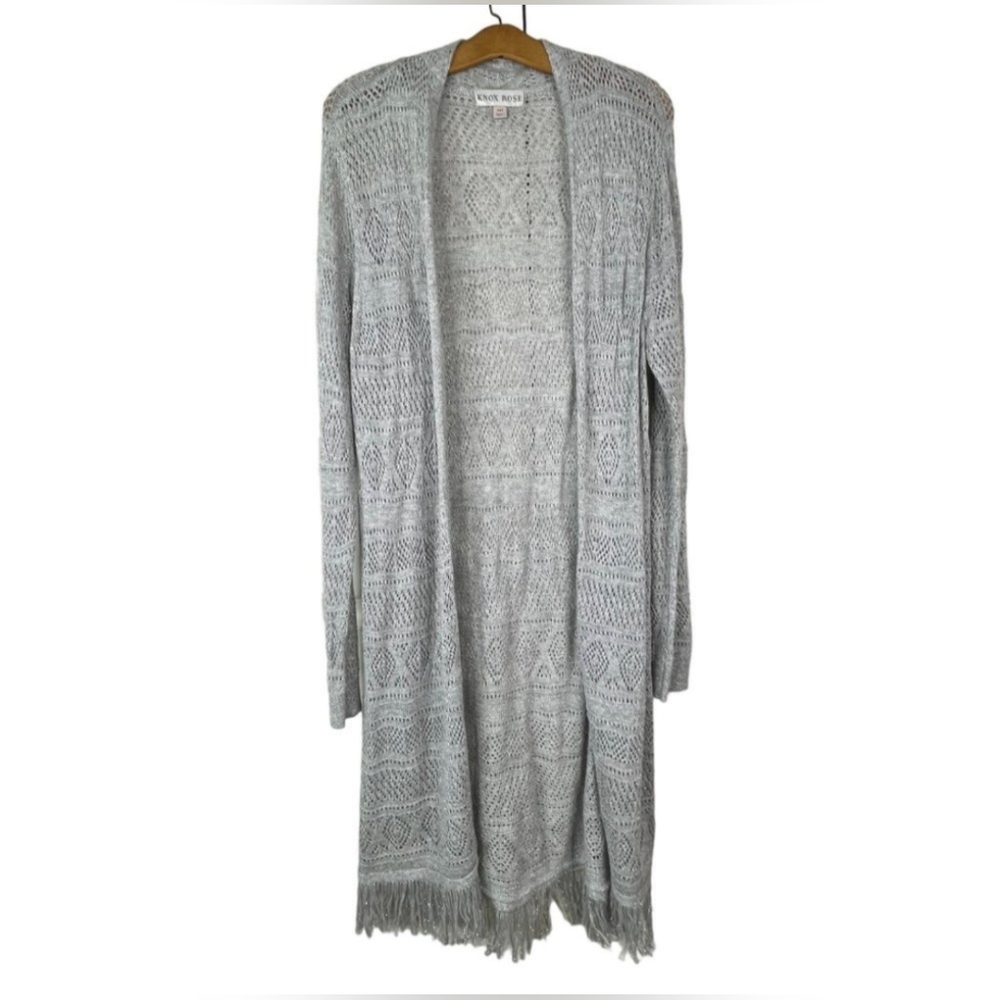 Knox Rose Open Front Cardigan Duster Metallic Fringe Trim Open Knit Women's XXL
